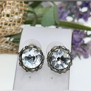 Vintage faceted rhinestone pierced earrings with aurora borealis crystal inset